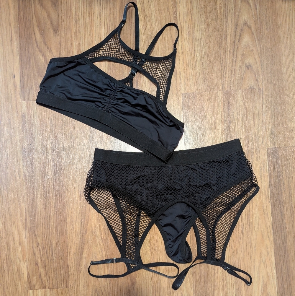 Black Fishnet Bralette and Garter Thong Set